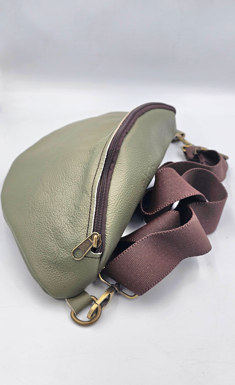 Olive green leather waist bag - Unisex leather fanny pack