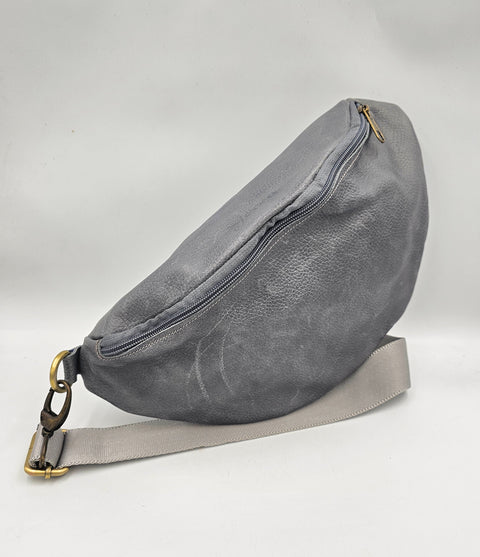 Grey leather waist bag - Unisex leather fanny pack