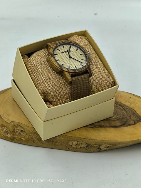 Unisex watch from sandalwood case and canvas stripe