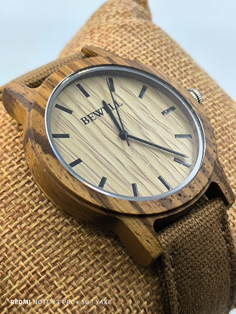 Unisex watch from sandalwood case and canvas stripe