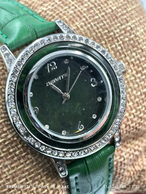 Women's  Green Watch with Ceramic Dial Zircon Bezel Leather Strap