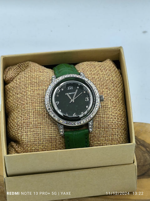 Women's  Green Watch with Ceramic Dial Zircon Bezel Leather Strap