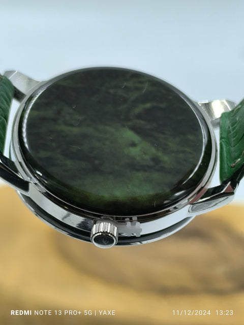 Women's  Green Watch with Ceramic Dial Zircon Bezel Leather Strap