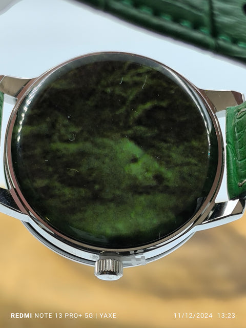 Women's  Green Watch with Ceramic Dial Zircon Bezel Leather Strap