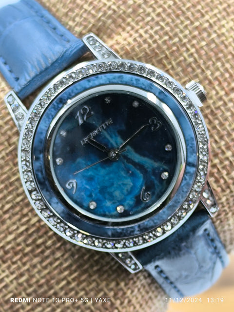 Women's  Blue Watch with Ceramic Dial Zircon Bezel Leather Strap