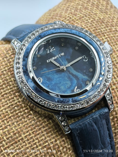 Women's  Blue Watch with Ceramic Dial Zircon Bezel Leather Strap