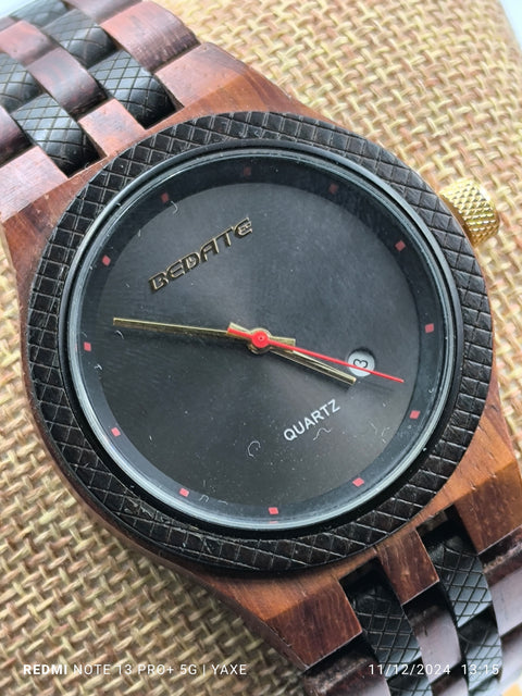 Men's wooden watch with red & black bamboo wood bracelet