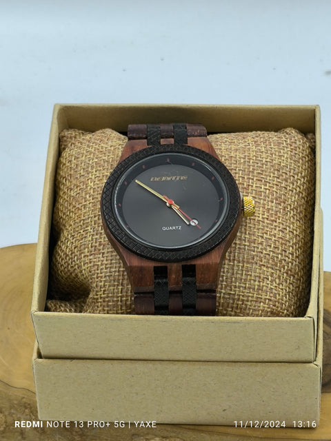 Men's wooden watch with red & black bamboo wood bracelet