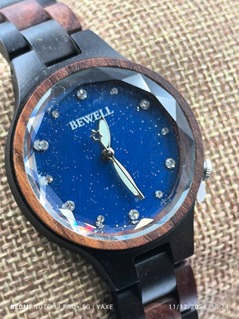 BEWELL Women Wooden Watch, Handcrafted with Blue Starry Sky Dial