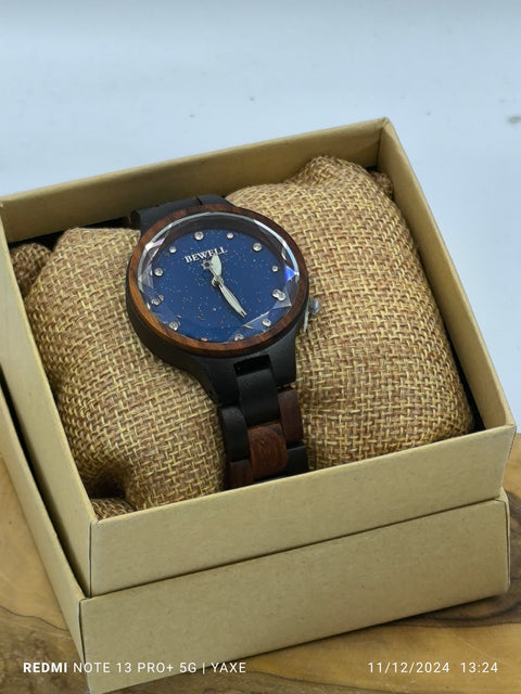 BEWELL Women Wooden Watch, Handcrafted with Blue Starry Sky Dial