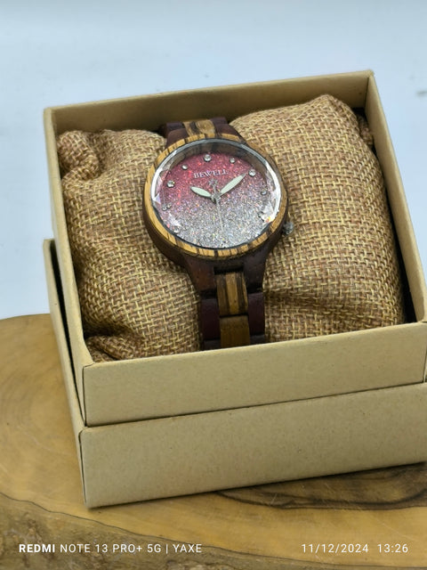 BEWELL Women Wooden Watch, Handcrafted with Pink Starry Sky Dial