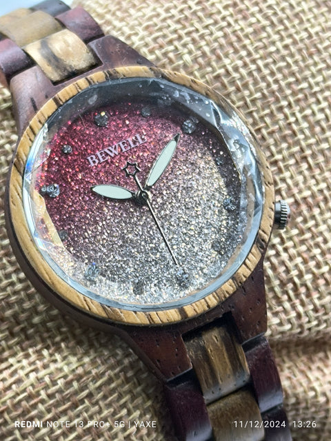 BEWELL Women Wooden Watch, Handcrafted with Pink Starry Sky Dial