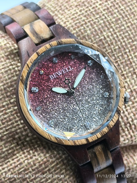 BEWELL Women Wooden Watch, Handcrafted with Pink Starry Sky Dial